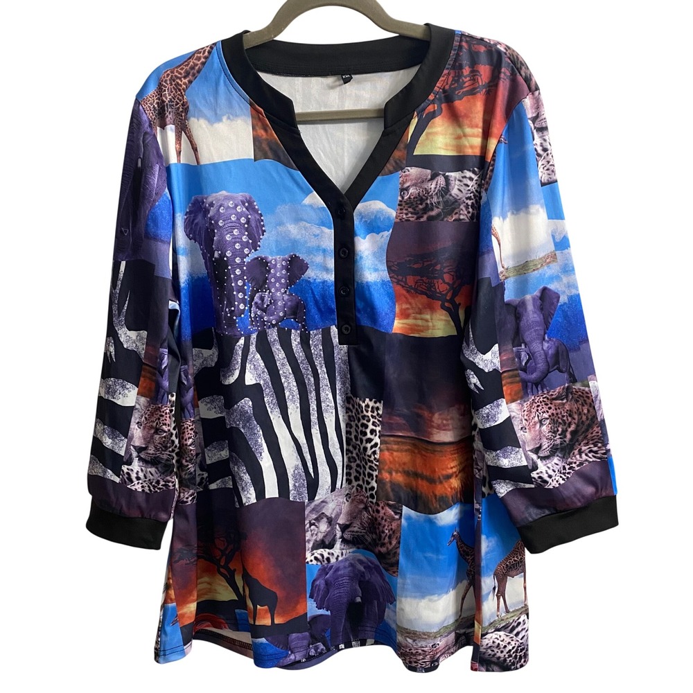 Safari Animal Print Henley Tunic Top XXL Elephant Giraffe Leopard Savanna Blue